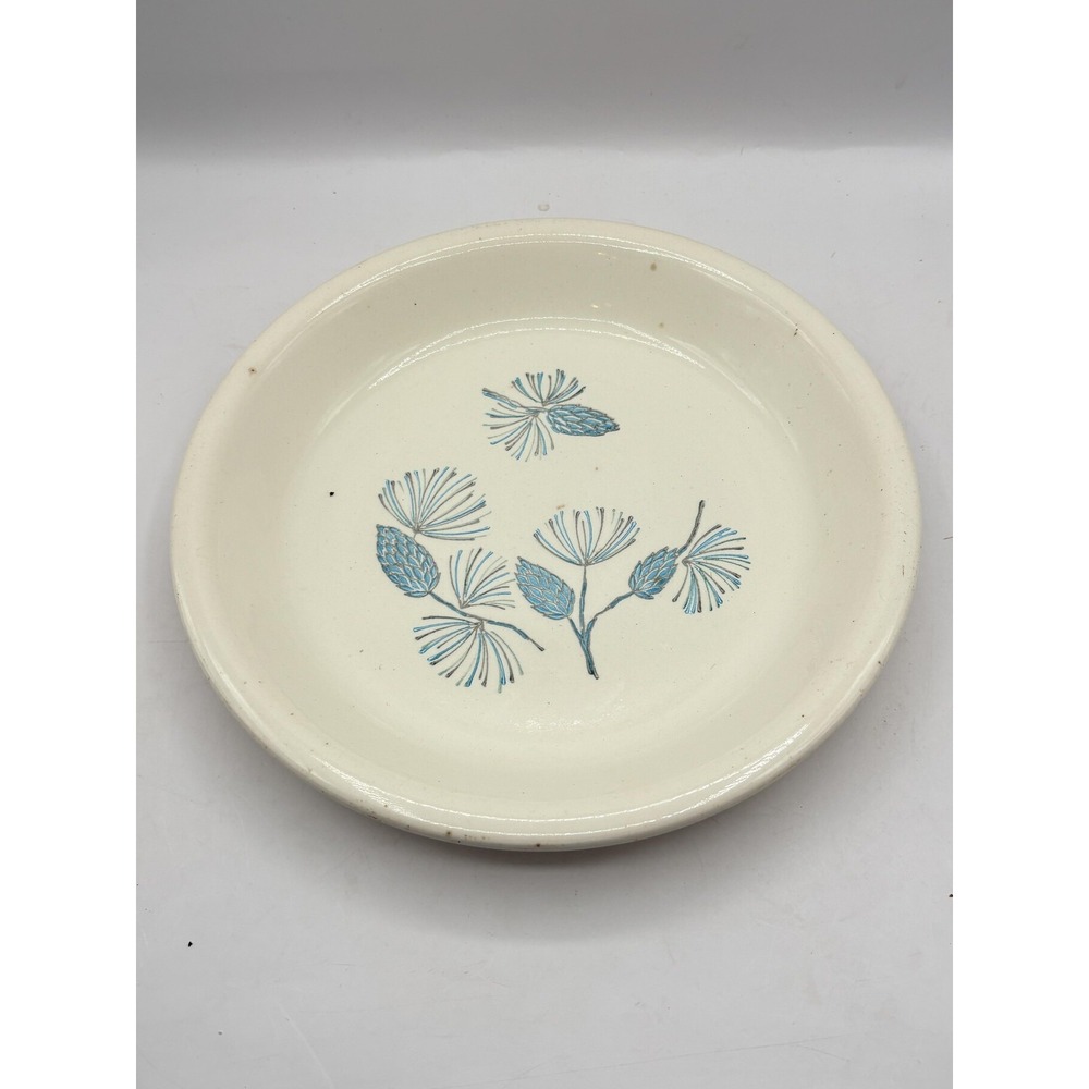 Vintage White Ceramic Pie Dish 10" Hand Decorated Blue Pinecone Oven Proof USA